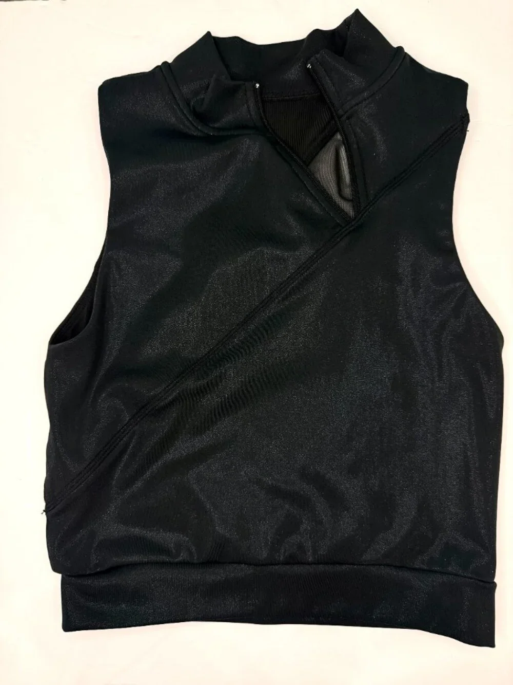 CROWNED ATHLETICS Black Faux Leather Moto Crop Tank w/ Mesh Back | SIZE XS